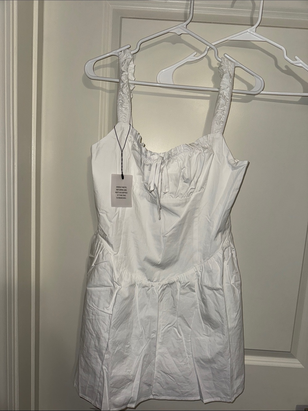 White Mini Sundress with Ruching and Tie Detail
